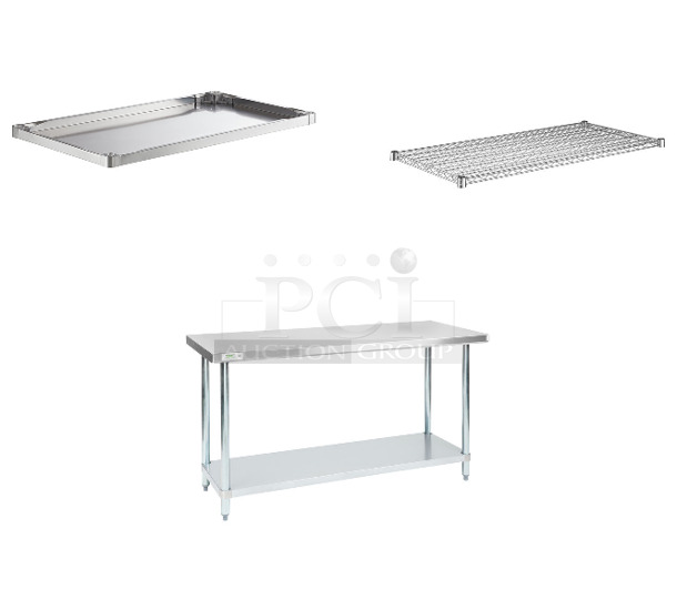 4 BRAND NEW SCRATCH AND DENT! Items; Regency 600UT3048S Adjustable Stainless Steel Work Table Undershelf for 30" x 48" Tables - 18 Gauge, Regency 600T2460G 24" x 60" 18-Gauge 304 Stainless Steel Commercial Work Table with Galvanized Legs and Undershelf, Regency 460SW2448 Spec Line 24" x 48" NSF Stainless Steel Wire Shelf and 4 Poles. 4 Times Your Bid! - Image 1 of 7