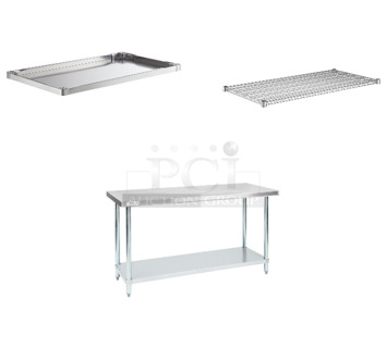 4 BRAND NEW SCRATCH AND DENT! Items; Regency 600UT3048S Adjustable Stainless Steel Work Table Undershelf for 30" x 48" Tables - 18 Gauge, Regency 600T2460G 24" x 60" 18-Gauge 304 Stainless Steel Commercial Work Table with Galvanized Legs and Undershelf, Regency 460SW2448 Spec Line 24" x 48" NSF Stainless Steel Wire Shelf and 4 Poles. 4 Times Your Bid!