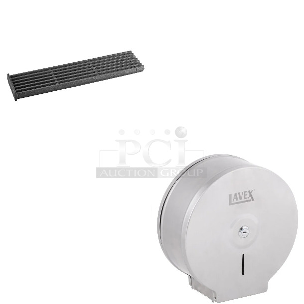 2 BRAND NEW SCRATCH AND DENT! Items Including 190TG21135 21 13/16" x 5 1/2" Cast Iron Reversible Top Broiler Grate, Lavex 712JTDISPSS Stainless Steel Jumbo Single-Roll Toilet Tissue Dispenser, 0 Hoshizaki 104322-01 Baffle for BD-500, B-250, and B-500 Series. 2 Times Your Bid! May Be Missing Pieces.  - Image 1 of 5
