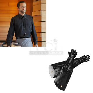 2 BRAND NEW SCRATCH AND DENT! Items Including 169HS1803XL Henry Segal Men's Customizable Black Long Sleeve Dress Shirt - XL and 511P31 San Jamar P31 Neoprene Black One Size Fits Most 31" Shoulder-Length Gloves with Cotton Lining. 2 Times Your Bid! 