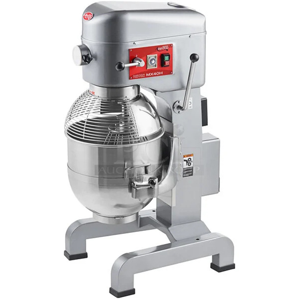 BRAND NEW SCRATCH AND DENT! Avantco 177MX40H Metal Commercial Floor Style 40 Qt. Planetary Floor Mixer w/ Stainless Steel Mixing Bowl, Bowl Guard, Dough Hook, Paddle and Whisk Attachments. 240 Volts, 1 Phase.  - Image 1 of 11