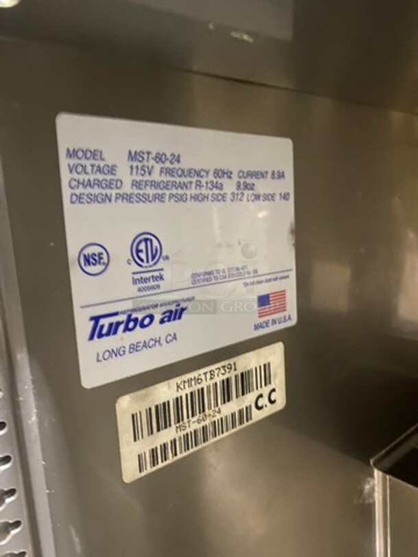 Turbo Air Commercial Refrigerated Mega Top Sandwich Prep Table! With 2 Door Storage Space Underneath! All Stainless Steel! On Casters! Model: MST6024 SN: KMM6TB7391 115V - Image 7 of 9