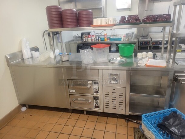 Stainless Steel Work Table with built in Wells Drop-in Round Hot Food Well SS10ULTD, Hatco Drawer Warmer, and Plate Dispenser! Contents on table NOT included