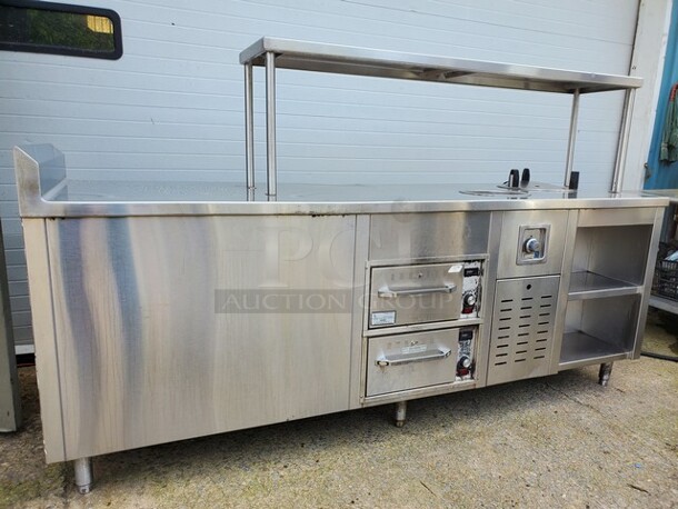 8"Ft Work Table W/ 2 Wells Warming Warmers| Overhead Shelf| See pictures for more details! 97"X32"X37" - Image 3 of 7