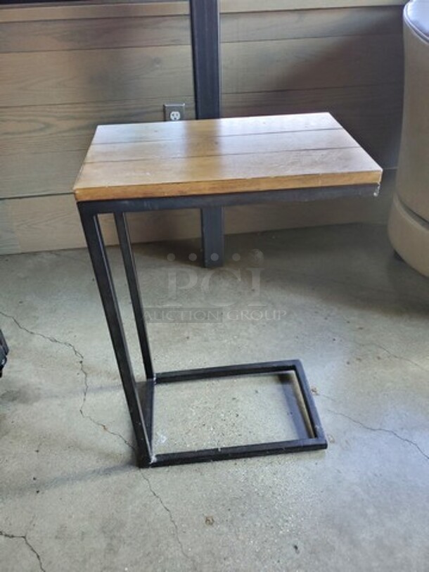 Metal Rustic Accent Table w/ brown wood top - Image 1 of 3