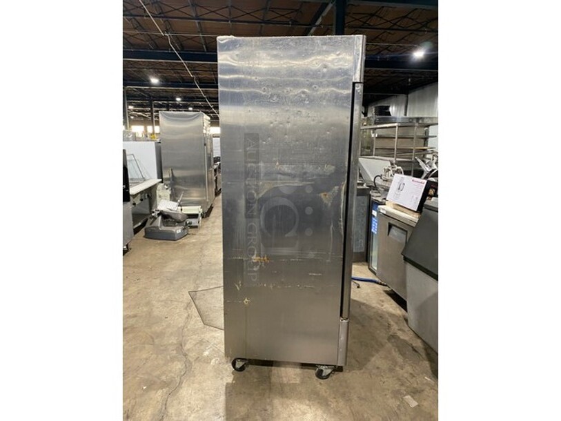 LATE MODEL! 2021 Bison All Stainless Stell Commercial Double Door Reach In Cooler! On Commercial Casters! Working When Removed! MODEL: BRR-46 SN: BRR-4600321052900K8008 1PH!
 - Image 4 of 9