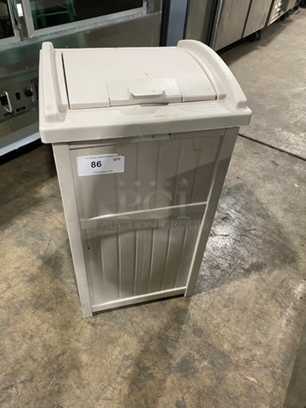 Suncast Outdoor Beige Poly Trash Can! With Hinged Lid!