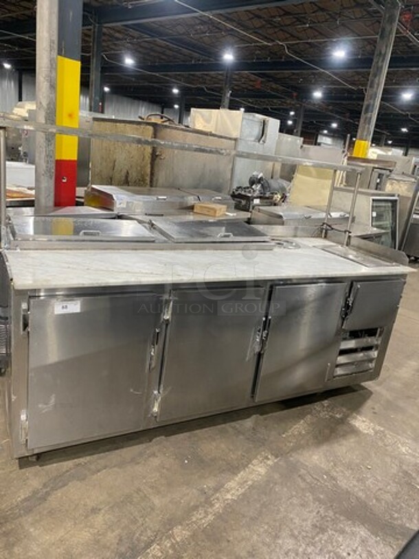 Commercial Refrigerated Pizza Prep Table! With Marble Top! With Overhead Shelf! With 4 Door Underneath Storage Space! All Stainless Steel!