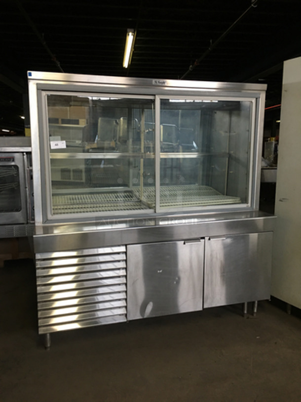 SWEET! Knight 2 Door Reach In Merchandiser! With Sliding View Through Doors! With Poly Coated Racks! With 2 Door Storage Underneath! All Stainless Steel! On legs!