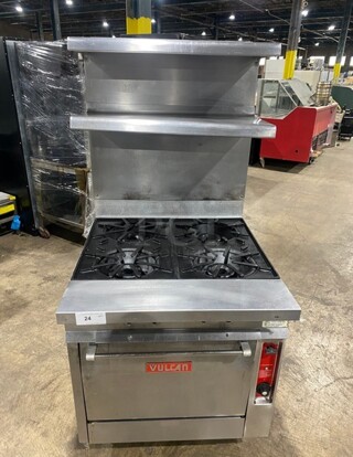 Vulcan Commercial Natural Gas Powered 4 Burner Stove! With Raised Back Splash Double shelf! With Oven Underneath! All Stainless Steel! On Casters! Model: GH45 SN: 4813044120