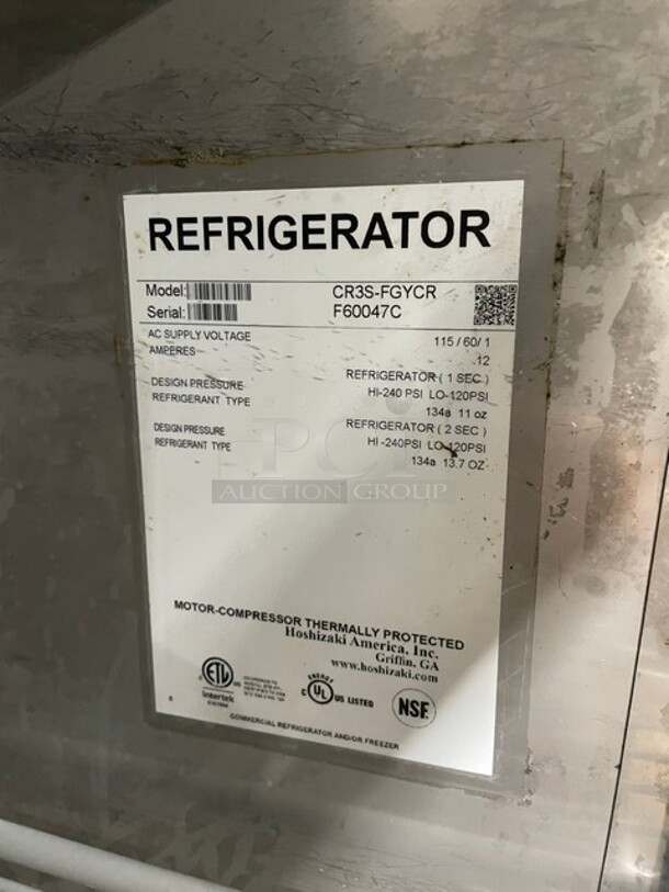 Hoshizaki Commercial 3 Door Reach In Refrigerator Merchandiser! All Stainless Steel! With Poly Coated Shelves! On Casters! 115V 1 Phase! Model: CR3S-FGYCR SN: F60047C! - Image 11 of 11