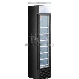 BRAND NEW IN BOX! Galaxy 177GDN5RBB Metal Commercial Single Door Reach In Cooler Merchandiser w/ Poly Coated Racks and LED Lighting. 110-120 Volts, 1 Phase.