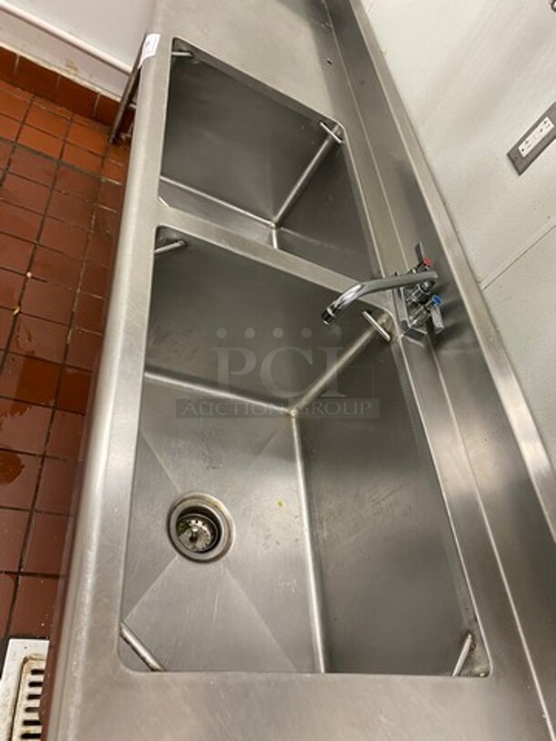 Commercial 2 Compartment Sink! With Dual Side Drain Board! With Back Splash! With Faucet And Handles! All Stainless Steel! On Legs! - Image 4 of 7