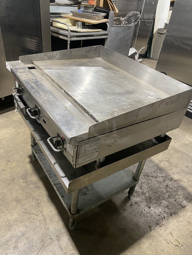 Nice!  Vulcan Natural Gas Powered Thermostatic Controlled Polished Top Flat Griddle!  On Equipment Stand! On Casters! Working when Removed! - Image 2 of 9