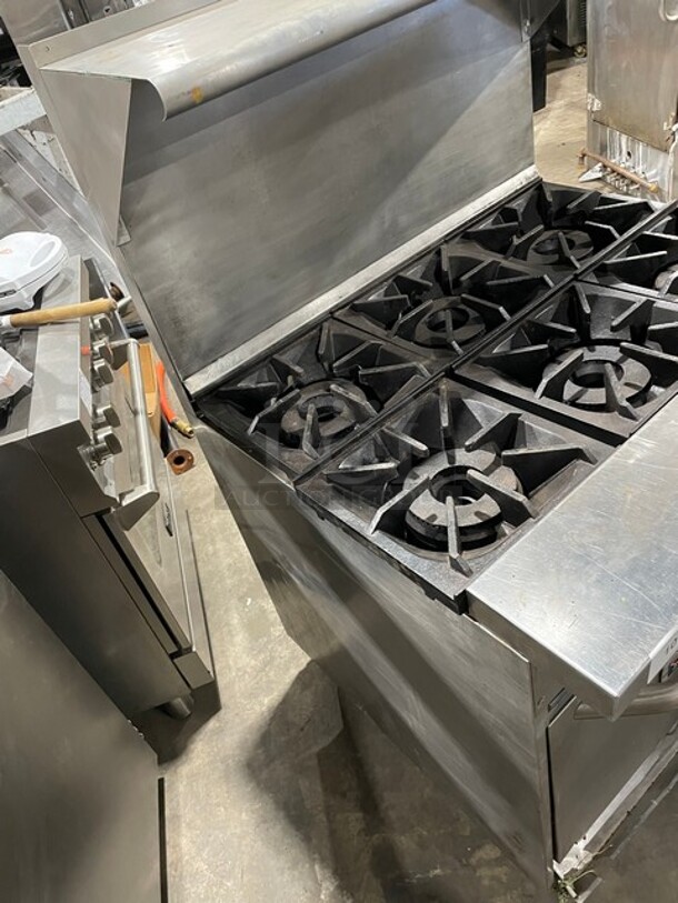 SWEET! Bakers Pride Commercial Natural Gas Powered 6 Burner Stove! With Full Size Oven Underneath! With Backsplash & Overhead Salamander Shelf! All Stainless Steel! On Legs! - Image 2 of 8