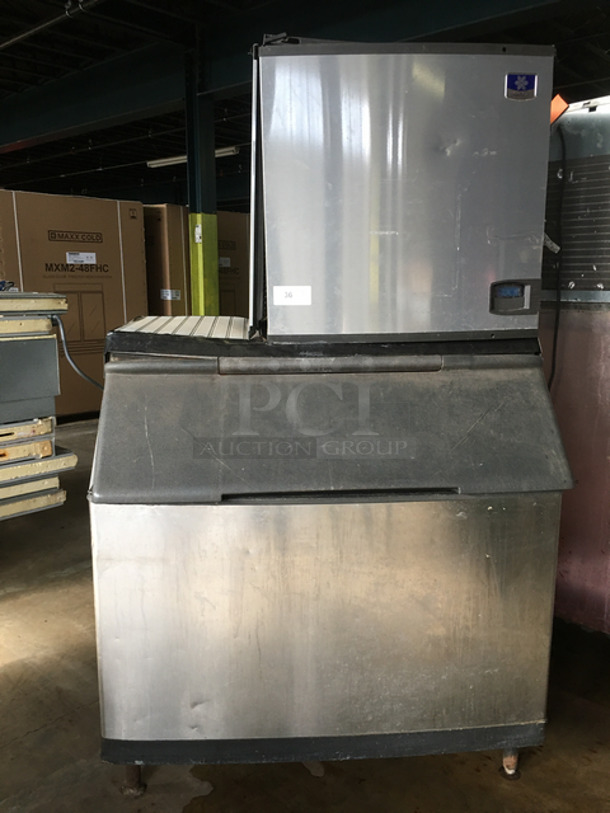Manitowoc Commercial Water-Cooled Ice Machine Head On Manitowoc Commercial Ice Bin! Stainless Steel! On Legs! Model: ID1106A261 SN: 1101365902 208/240V 60HZ 1 Phase