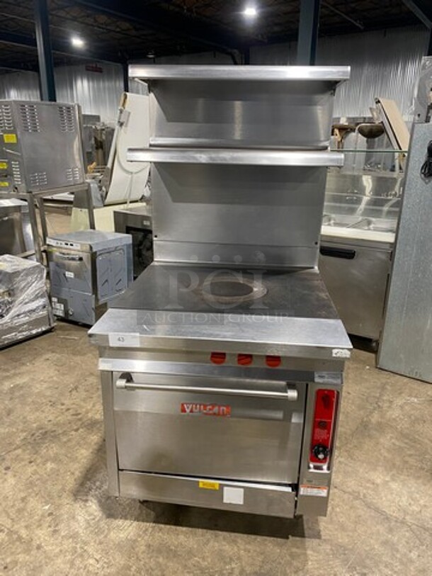 Vulcan Commercial French Top/ Hot Plate Stove! With Raised Back Splash With Double Overhead Shelf! With Oven Underneath! All Stainless Steel! On Legs!