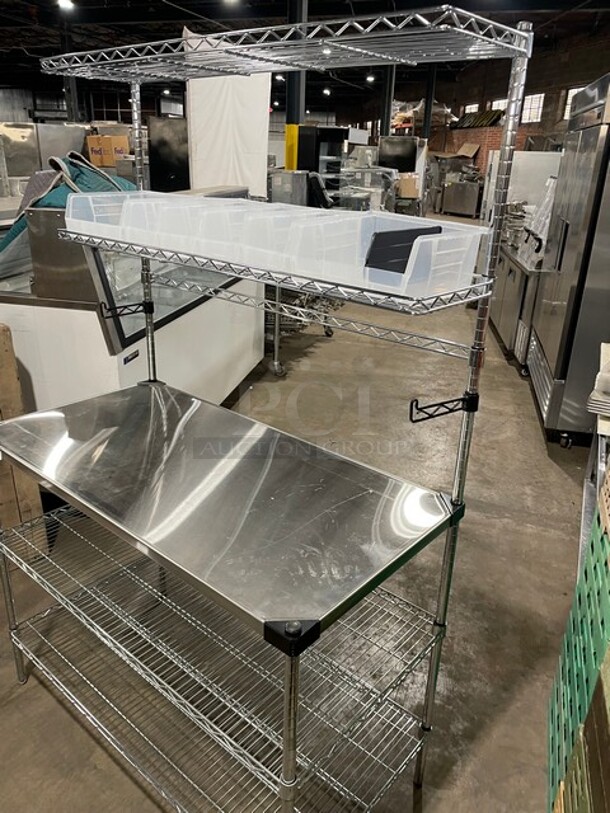 NEW & PERFECT! Metro Commercial Stainless Steel Out Going Station! With 2 Chrome Wire Over Shelves & 2 Full Sized Chrome Wire Under Shelves! With Plastic Storage Bins! On Legs!  - Image 4 of 8