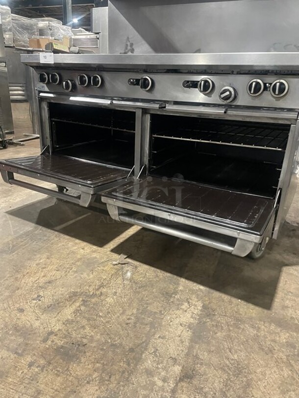 AMAZING! Garland Natural Gas Powered 10 Burner Stove! With 2 Standard Ovens Underneath! With Back Splash & Overhead Salamander Shelf! All Stainless Steel! On Casters! Model: G60-10RR! - Image 7 of 10