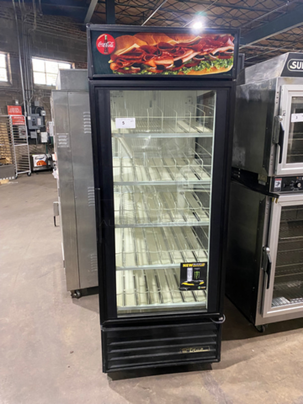 COOL! True Commercial Single Door Reach In Refrigerator Merchandiser! With View Through Door And Sides! Poly Drink Racks! WORKING WHEN REMOVED! Model: GEM26