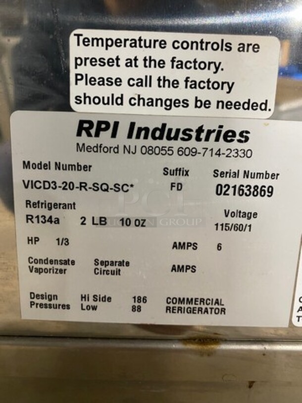 GREAT! NEW! RPI Commercial Refrigerated Show Case Merchandiser! With Rear Access Doors! Stainless Steel Body! With Legs! Model: VICD320RSQSC SN: 02163869 115V 60HZ 1 Phase - Image 7 of 11