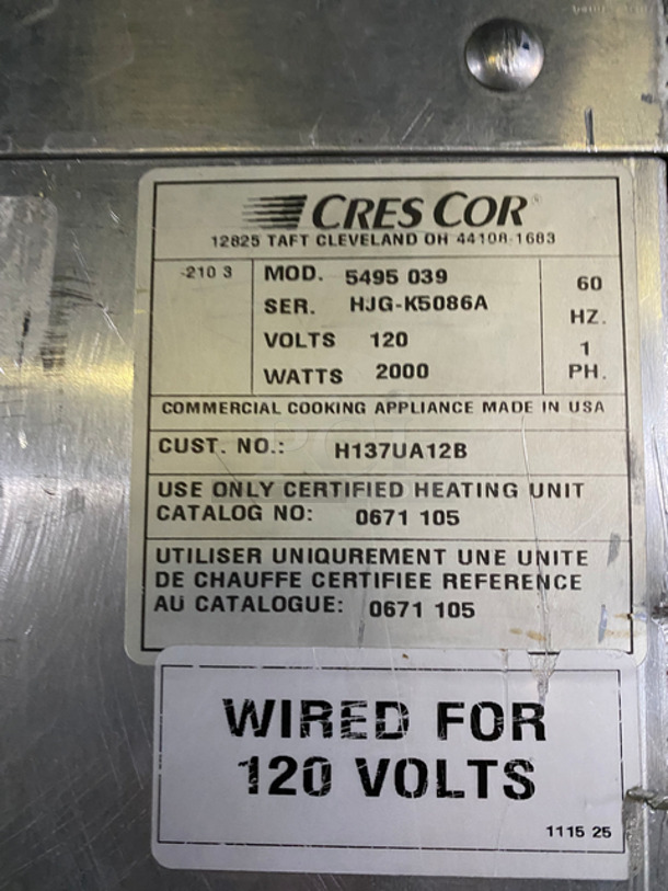 Cres Cor Commercial Insulated Warming/Proofing Cabinet! With 2 Half Doors! Holds Full Size Trays! All Stainless Steel! Model: 5495039 SN: HJGK5086A 120V 60HZ 1 Phase - Image 5 of 8
