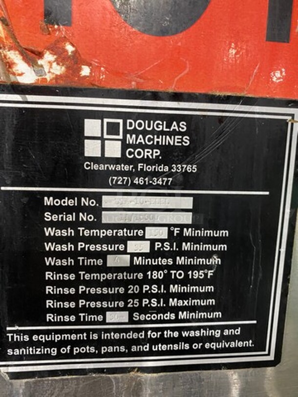 Douglas Machines Commercial Electric Powered Dishwasher Machine! All Stainless Steel! On Legs! Model: UTM10ELEL SN: 1110000 480V 60HZ 3 Phase - Image 9 of 12