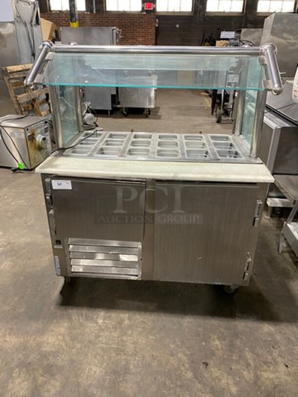 Commercial Mega Top Sandwich Prep Station! With Sneeze Guard! With Commercial Cutting Board! With 2 Door Storage Space Underneath! All Stainless Steel! On Casters!