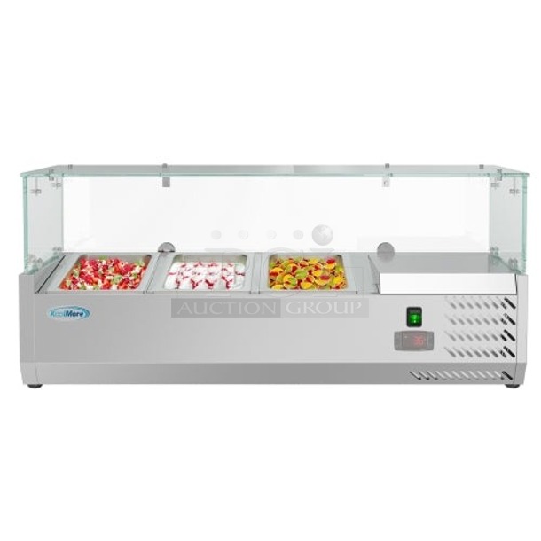 BRAND NEW SCRATCH & DENT! Koolmore KM-SR60-WH 60 in. Glass Sushi Countertop Display Refrigerator with 6 Stainless Steel Trays in White. IN THE BOX!!  - Image 1 of 2