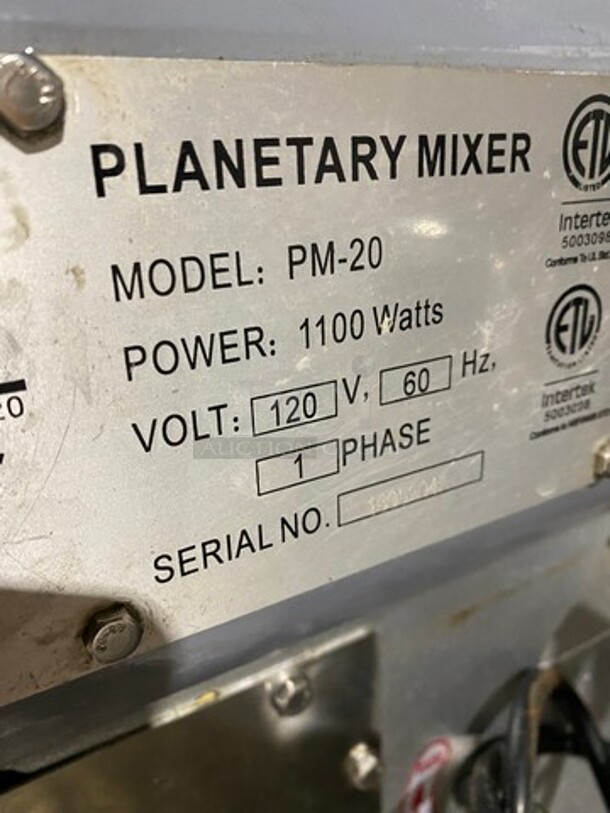 GREAT! Adcraft Commercial 20QT Planetary Mixer! With Mixing Bowl And Bowl Guard! With Whisk, Paddle, And Spiral Hook Attachments! Model: PM20 SN: 1605204 120V 60HZ 1 Phase - Image 6 of 9