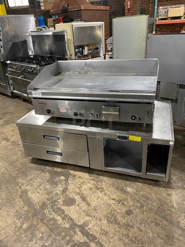 WOW! Lang Natural Gas Powered Heavy Duty Commercial Mirror Shine/Polished Top 48 Inch Thermostatic Controlled Flat Top Griddle! On Two Drawer 60 Inch Refrigerated Chef Base! On Casters! 2 X Your Bid! - Image 1 of 11