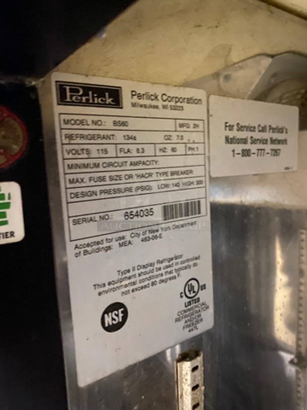 Perlick Commercial 2 Door Bar Back Cooler! Solid Stainless Steel! NOT TESTED! Model: BS60 SN: 654035 115V 60HZ 1 Phase - Image 6 of 7