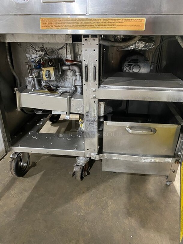 Frymaster Commercial Natural Gas Powered Deep Fat Fryer With Side Dumping Station! With Metal Frying Baskets! With Back Splash! All Stainless Steel! On Casters! Model: FM145ESC SN: 0204GH0013!
 - Image 8 of 12