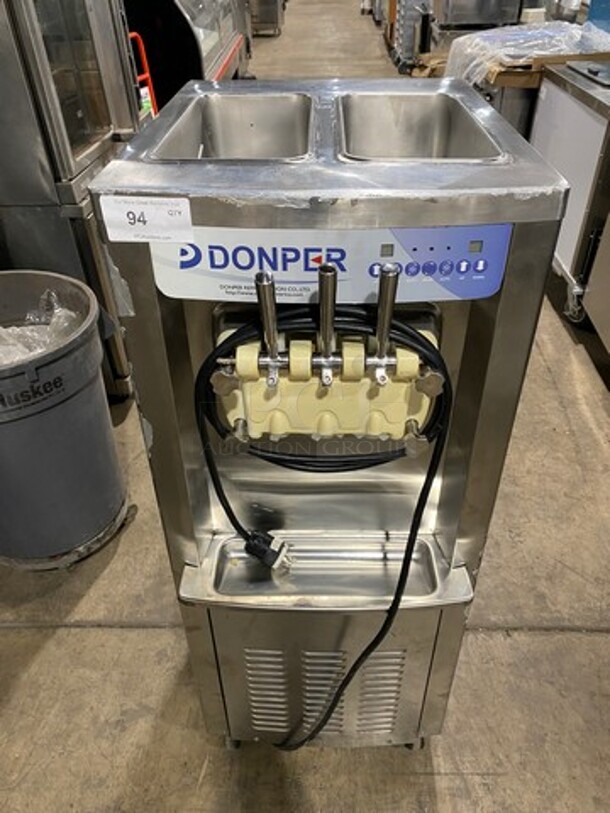 Donper America Commercial 3 Handle Soft Serve Ice Cream Machine! All Stainless Steel! On Casters! Model: BH7480 SN: D132M000010A012442