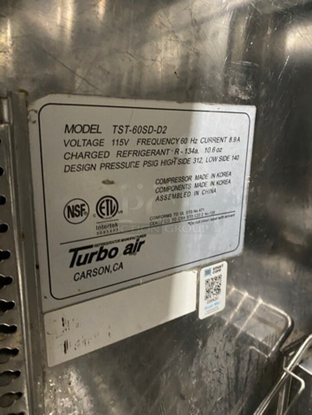 NICE! Turbo Air Commercial Refrigerated Mega Top Sandwich Prep Table! With 2 Drawer And Single Door Storage Space Underneath! All Stainless Steel! On Casters! Model: TST60SDD2 115V 60HZ 1 Phase - Image 9 of 9