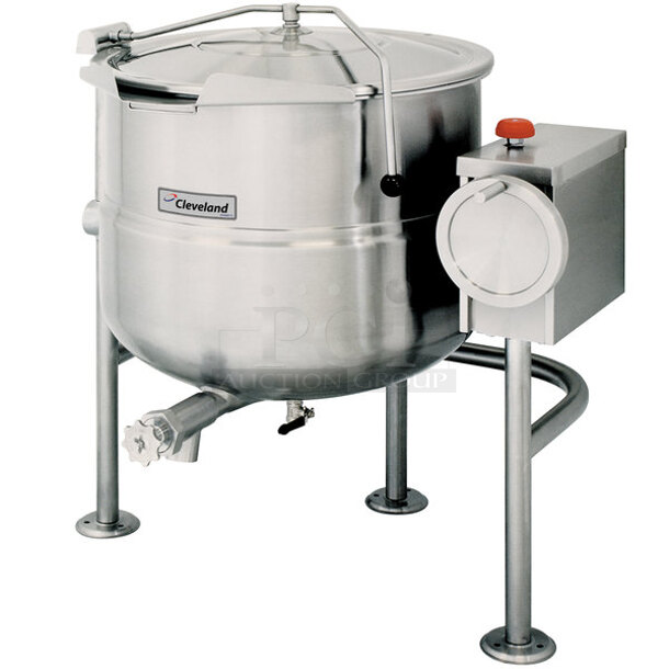 BRAND NEW SCRATCH AND DENT! 2023 Cleveland KDL-40-T Stainless Steel Commercial Floor Style 40 Gallon Steam Kettle Tilting Kettle. Stock Picture Used as Gallery.