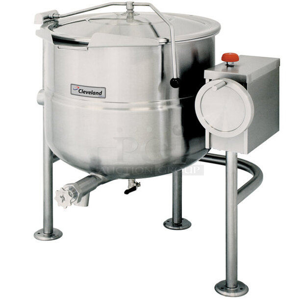 BRAND NEW SCRATCH AND DENT! 2023 Cleveland KDL-40-T Stainless Steel Commercial Floor Style 40 Gallon Steam Kettle Tilting Kettle. Stock Picture Used as Gallery. - Image 1 of 6