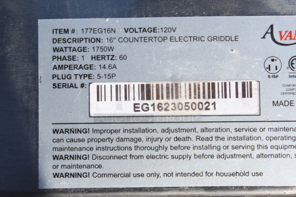 BRAND NEW SCRATCH & DENT! Avantco EG16N 16" Electric Countertop Griddle - 120V, 1750W. PRISTINE CONDITION. OUT OF ORIGINAL PACKAGING. S/N: EG1623050021 - Image 4 of 6