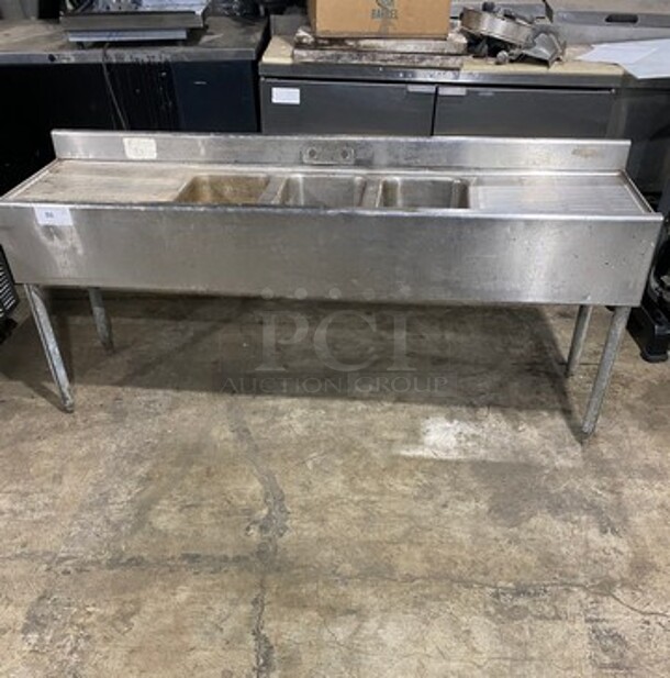 All Stainless Steel! Three Compartment Under Counter Bar Sink! With Dual Drain Boards! On Legs!