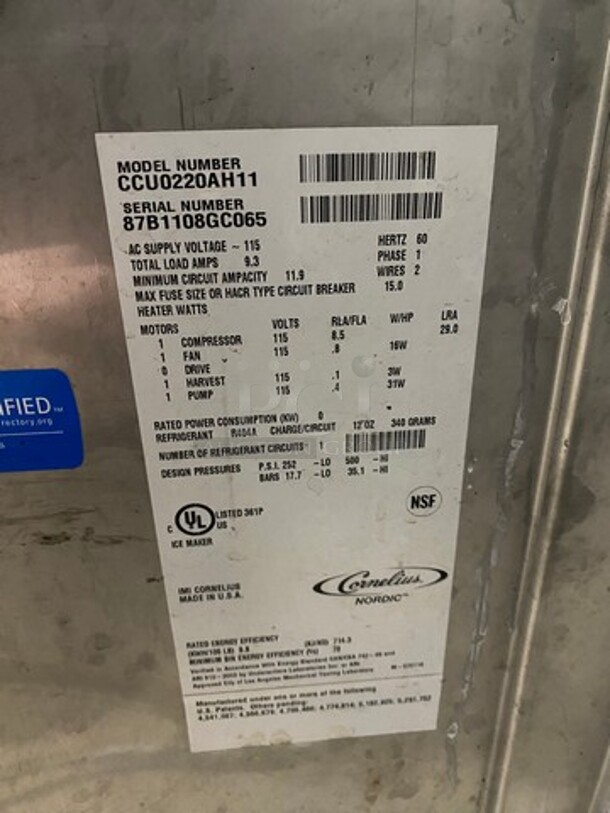 Cornelius Model CCU0220AH11 Stainless Steel Commercial Self Contained Ice Machine! MODEL CCU022AH11 SN:87B1108GC065 115V 1PH  - Image 7 of 10