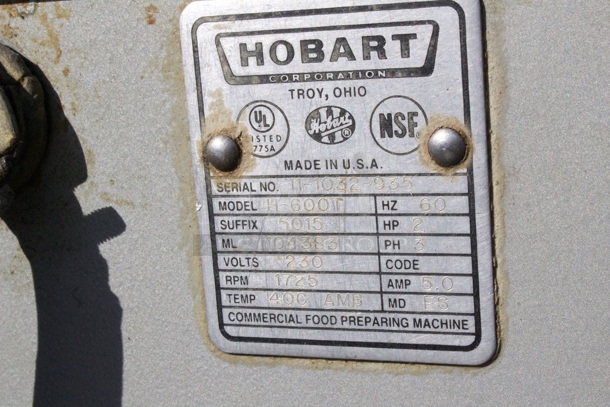Hobart H-600T 60 Quart Mixer With Bowl, Dolly, Hook, Whip, Paddle and Grinder Attachment. Tested In Proper Working Order.  - Image 6 of 9