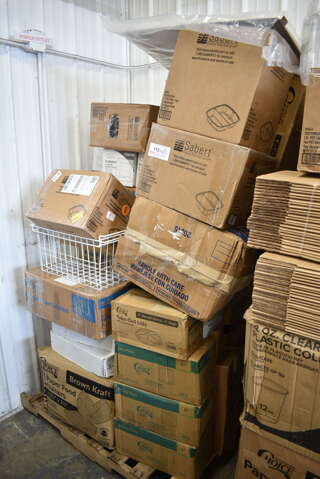 PALLET LOT of 29 BRAND NEW Boxes Including 707160HL Sabert Catering Pop-Top 14 3/8" Square Clear PET Hinged Lid for 160 oz. Square Bowl - 30/Case, 3 Box 347SP6CL Visions Florence 6" Square Clear Plastic Plate - 120/Case, 707801C Sabert Catering Pop-Top 80 oz. Clear PET One-Compartment Square Bowl - 50/Case, 2 Box 129MCR32B Choice 32 oz. Black Round Microwavable Heavy Weight Container with Lid 7 1/4" - 150/Case, 795PTOKFT1 Choice Kraft Microwavable Folded Paper #1 Take-Out Container 4 3/8" x 3 1/2" x 2 1/2" - 450/Case, 2 Box G4600XR Can Liners, 612P527 Choice 7" Clear Round Plastic Dome Lid - 500/Case, 3 Box 395SP08 EcoChoice Compostable Sugarcane / Bagasse 8" x 8" Square Plate - 400/Case, 7071602C Sabert Catering Pop-Top 160 oz. Clear PET Two-Compartment Square Bowl Set - 30/Case, 707802C Sabert Catering Pop-Top 80 oz. Clear PET Two-Compartment Square Bowl - 50/Case, HP4004743 Manitowoc Ice 4004743 Curtain, Water, Vac Form, 500CTOUT96 Choice 96 oz. Beverage Take-Out Container - 25/Case, 500TO883C3 Choice 8" x 8" x 3" Microwaveable 3-Compartment Black / Clear Plastic Hinged Container - 100/Case, 394360XL Noble Products Clear Powdered Disposable Vinyl Gloves for Foodservice - Extra Large - 1000/Case. 29 Times Your Bid!
