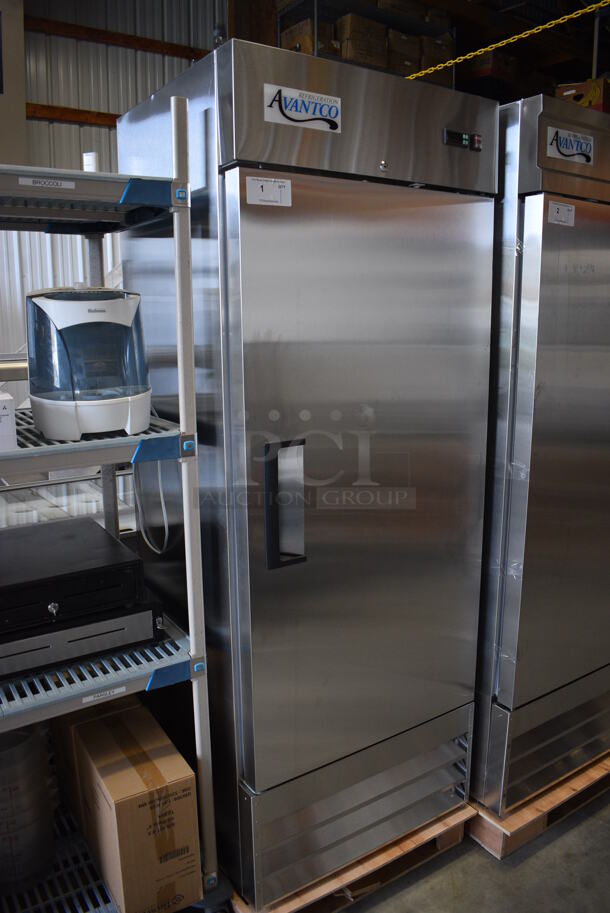 BRAND NEW SCRATCH AND DENT! Avantco Model 178A19FHC Stainless Steel Commercial Single Door Reach In Freezer w/ Poly Coated Racks on Commercial Casters. 115 Volts, 1 Phase. 29x26x77.5. Tested and Working! - Image 2 of 8