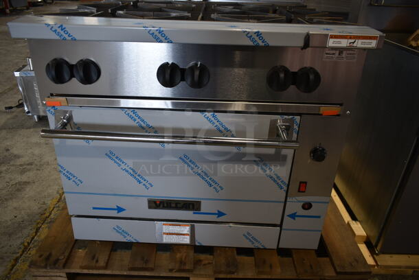 BRAND NEW SCRATCH AND DENT! Vulcan 36C-6BN Stainless Steel Commercial Natural Gas Powered 6 Burner Range w/ Convection Oven, Over Shelf and Back Splash. Stock Picture Used as Gallery. - Image 3 of 12