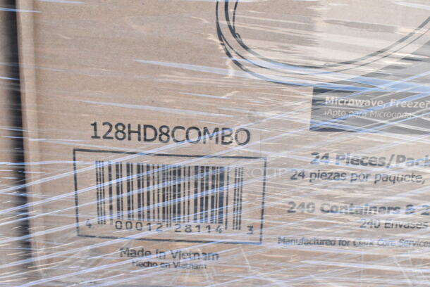 24 BRAND NEW Boxes Including Dart 205HT2 9" x 6" x 3" White Foam 2 Compartment Take Out Container with Perforated Hinged Lid - 200/Case, 128HD8COMBO Choice Heavy Duty 8 oz. Microwavable Translucent Plastic Deli Container and Lid Combo Pack - 240/Case, 500TO883C3 Choice 8" x 8" x 3" Microwaveable 3-Compartment Black / Clear Plastic Hinged Container - 100/Case, 760SOUP16WB Choice 16 oz. White Double Poly-Coated Paper Food Cup - 500/Case, 612510ST Choice 10" Round Standard Weight Foil Take-Out Pan - 250/Case, 127SB24COMBO Choice 24 oz. Clear Plastic Salad Bowl with Lid - 150/Case, 500LSTRWLW Choice 9, 12, 16, 20, and 24 oz. Clear Sip-Through Lid with Extra-Wide Opening - 1000/Case, 394365S Noble Products Powder-Free Disposable Clear Vinyl Gloves for Foodservice - Small - 1000/Case, Dart C57PST1 ClearSeal Hinged Lid Plastic Container 6" x 5 13/16" x 3" - 500/Case, 128HD16BULK Choice Heavy Duty 16 oz. Microwavable Translucent Plastic Deli Container - 480/Case, 130WBKFORKH Choice Black Heavy Weight Wrapped Plastic Fork - 1000/Case. 24 Times Your Bid!  - Image 4 of 12
