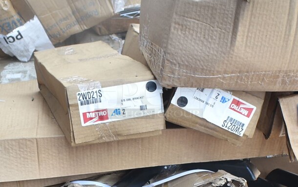 3 BRAND NEW SCRATCH AND DENT! Items; 2 Box Metro 2WD21S Super Erecta Stainless Steel Double Direct Wall Mount Bracket for Adjoining Shelves, Metro 21X48X74CMB Mariner Blue Coated Waterproof Vinyl Shelf Cart and Truck Cover with Zippered Closure 21" x 48" x 74". 3 Times Your Bid! - Image 3 of 4