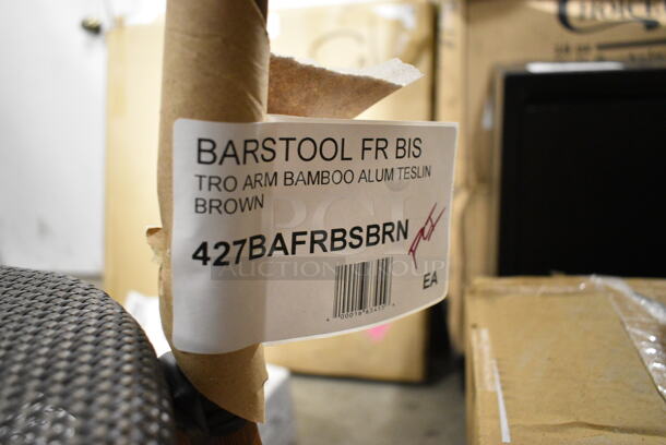 BRAND NEW SCRATCH AND DENT! 427BAFRBSBRN French Bistro Brown Teslin Outdoor Arm Barstool Bar Height Chair.  - Image 5 of 5