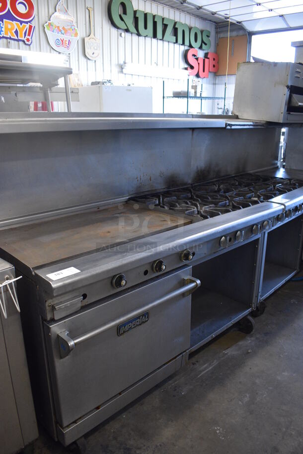 Imperial Stainless Steel Commercial Natural Gas Powered 4 Burner Range, Flat Top Griddle, Oven, Over Shelf and Back Splash on Commercial Casters. 60x31x57