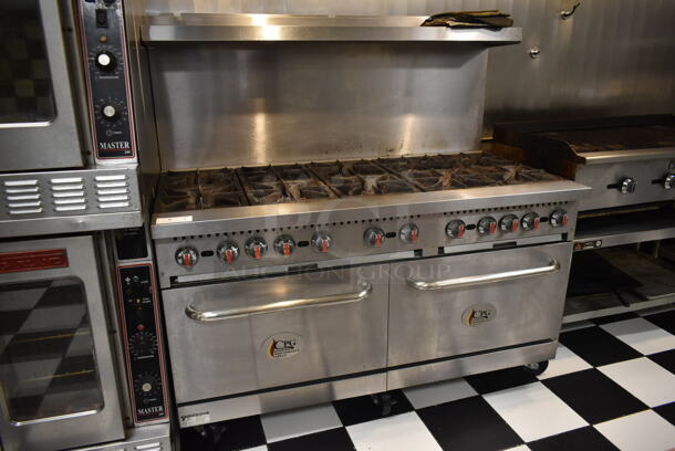 Cooking Performance Group CPG Stainless Steel Commercial Natural Gas Powered 10 Burner Range w/ 2 Ovens, Over Shelf and Back Splash on Commercial Casters. BUYER MUST REMOVE. Tested and Working! (kitchen) - Image 1 of 7