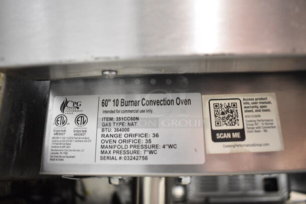BRAND NEW SCRATCH AND DENT! Cooking Performance Group CPG 351CC60N Stainless Steel Commercial Natural Gas Powered 10 Burner Range w/ 2 CONVECTION Ovens, Over Shelf and Back Splash. 364,000 BTU.  - Image 10 of 10